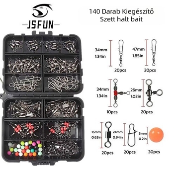 Horgász kiegészítő készlet 140 darab - B-Type forgó, Three-Way forgó és bead stopper; hordozható tároló; Anyag: fém/ABS; Márka jsfun