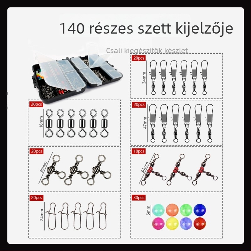 Horgász kiegészítő készlet 140 darab - B-Type forgó, Three-Way forgó és bead stopper; hordozható tároló; Anyag: fém/ABS; Márka jsfun