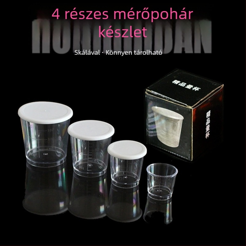 Négy az egyben műgyanta mérőedények készlet fedővel, 240 ml, 120 ml, 60 ml és 30 ml űrtartalommal, műanyag graduált edények.