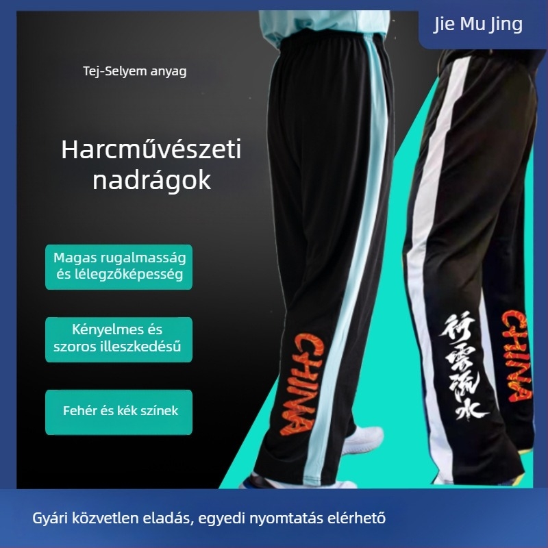 Tai Chi nadrág felnőtteknek, uniszex, magas rugalmasságú, egyenes szabású, Milk Silk anyag, 90% poliészter, tolerancia 1–3 cm