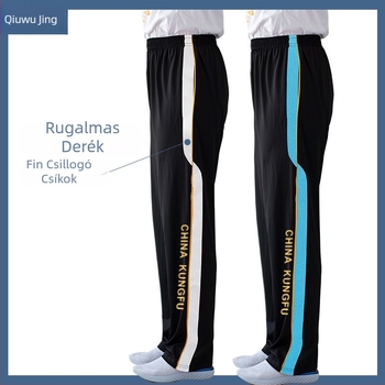 Felnőtt uniszex harcművészeti edzőnadrág, magas elasztikussággal, tej-selyem anyagú (95% poliészter), egyenes szabás