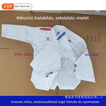Kétoldalas karateruha, könnyű és lélegző; anyag: poliészter-pamut (65% poliészter); bélés: finomított pamut (combed cotton); uniszex, felnőtt