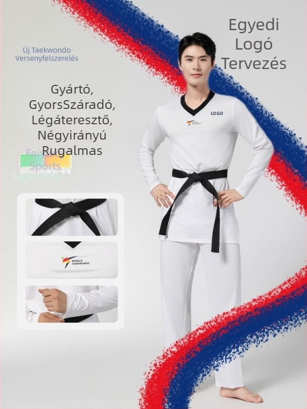 Taekwondo verseny melegítő – magas rugalmasságú, minta: Broken Flowers, egyedi logóval, 82% poliészter / 18% elastán
