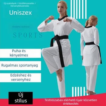 Taekwondo egyenruha külső nylon anyag és 55% poliészter, bélés modal 100%.