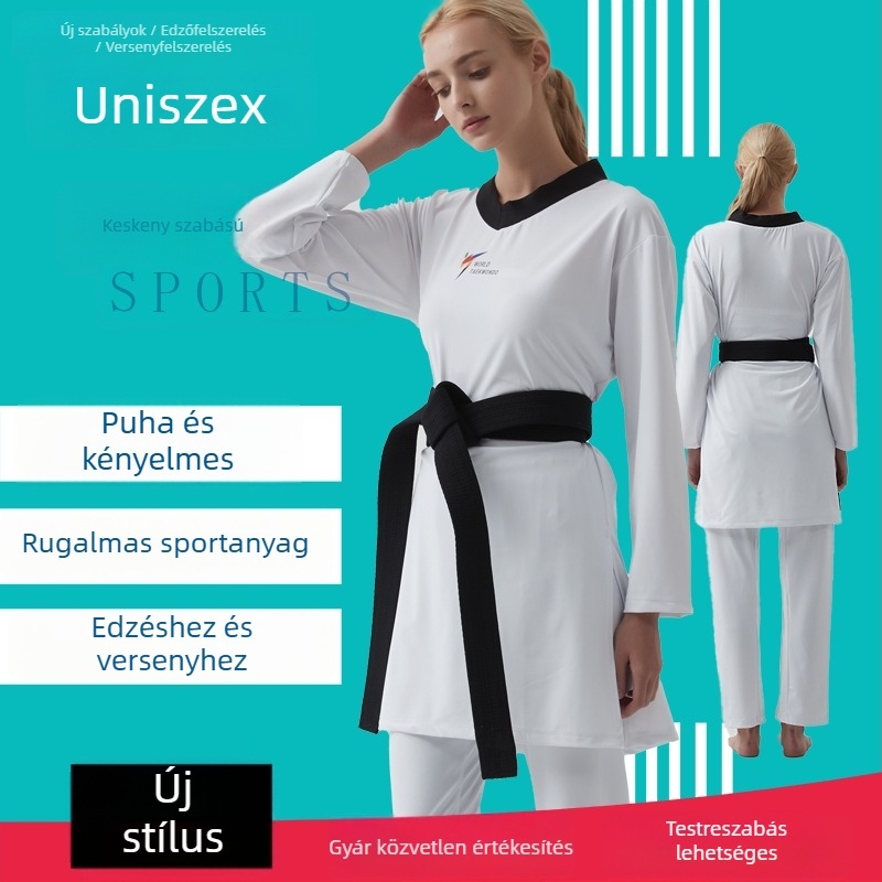 Taekwondo egyenruha külső nylon anyag és 55% poliészter, bélés modal 100%.