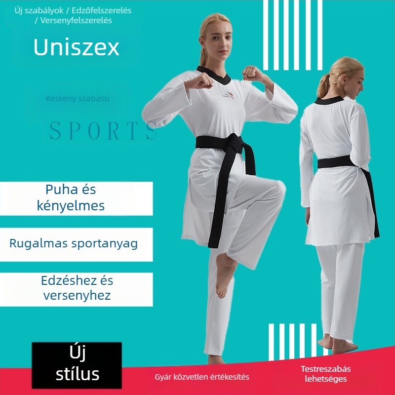 Taekwondo egyenruha külső nylon anyag és 55% poliészter, bélés modal 100%.
