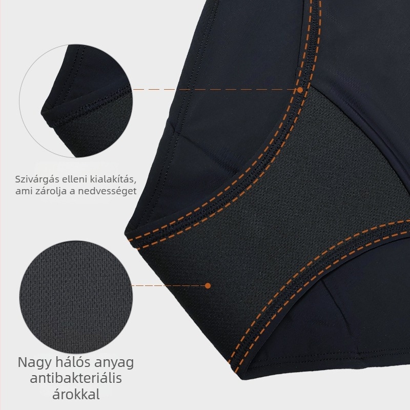 Háromrétegű szivárgásmentes dizájnú menstruációs úszónadrág középmagas derekú, nylon 88% anyagból, belső réteg 100% poliészter; fiziológiai nadrág fiatal nőknek