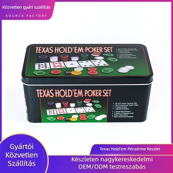 Texas Hold'em és Baccarat pókerchip készlet 200 zsetonnal, PS anyagból, asztalterítővel, fémdobozos csomagolás