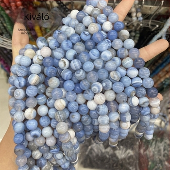 DIY ékszerekhez készült selyemszálú agát gyöngyök, kék csíkos, félkész természetes kő