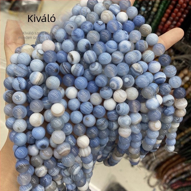 DIY ékszerekhez készült selyemszálú agát gyöngyök, kék csíkos, félkész természetes kő