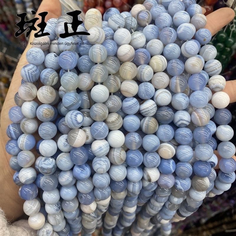DIY ékszerekhez készült selyemszálú agát gyöngyök, kék csíkos, félkész természetes kő
