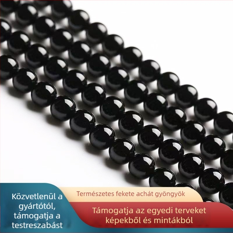 Természetes 7A fekete achát gyöngyök DIY ékszerkészítéshez, karkötőgyöngyök, félkész
