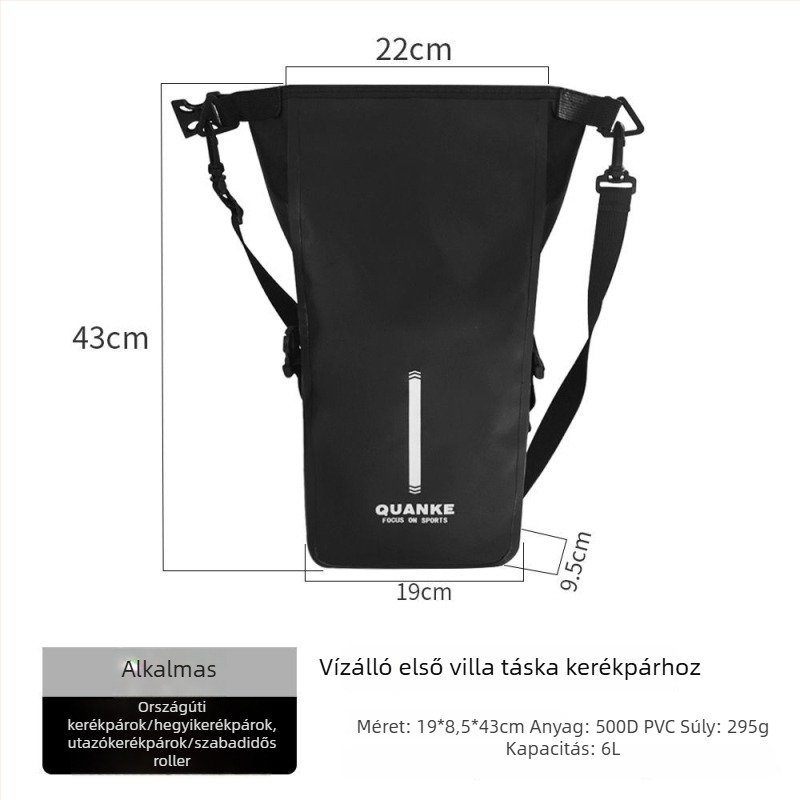 Elővillás táska mountain bike-hoz, vízálló PVC, 6 L kapacitás, csomagtartóhoz rögzíthető, önállóan leválasztható