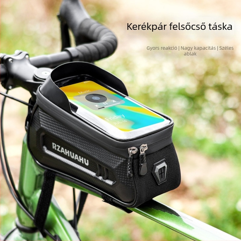 Kerékpár felsőcső táska merev házzal – PU bőr, 1,5 L kapacitás, Modell 30120108/072, márka RZAHUAHU, érintőképernyős telefon-tároló