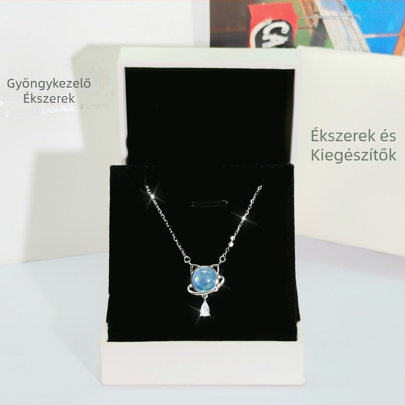 Macska alakú nyaklánc ezüst 925-ös, természetes akvamarin kővel, O-lánccal