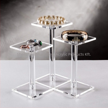 Átlátszó akril ékszerkijelző állvány, négyszögletes kialakítás, három darabos készlet, ékszerek és kiegészítők kiállítására, nőies stílus