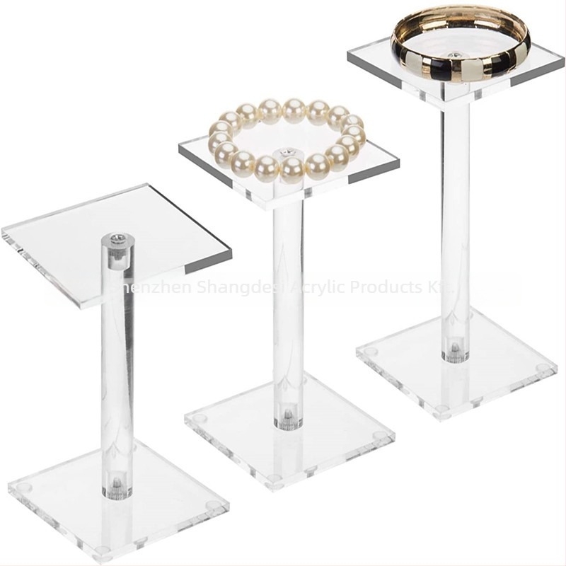 Átlátszó akril ékszerkijelző állvány, négyszögletes kialakítás, három darabos készlet, ékszerek és kiegészítők kiállítására, nőies stílus