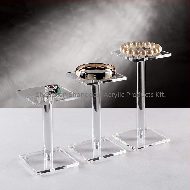 Átlátszó akril ékszerkijelző állvány, négyszögletes kialakítás, három darabos készlet, ékszerek és kiegészítők kiállítására, nőies stílus