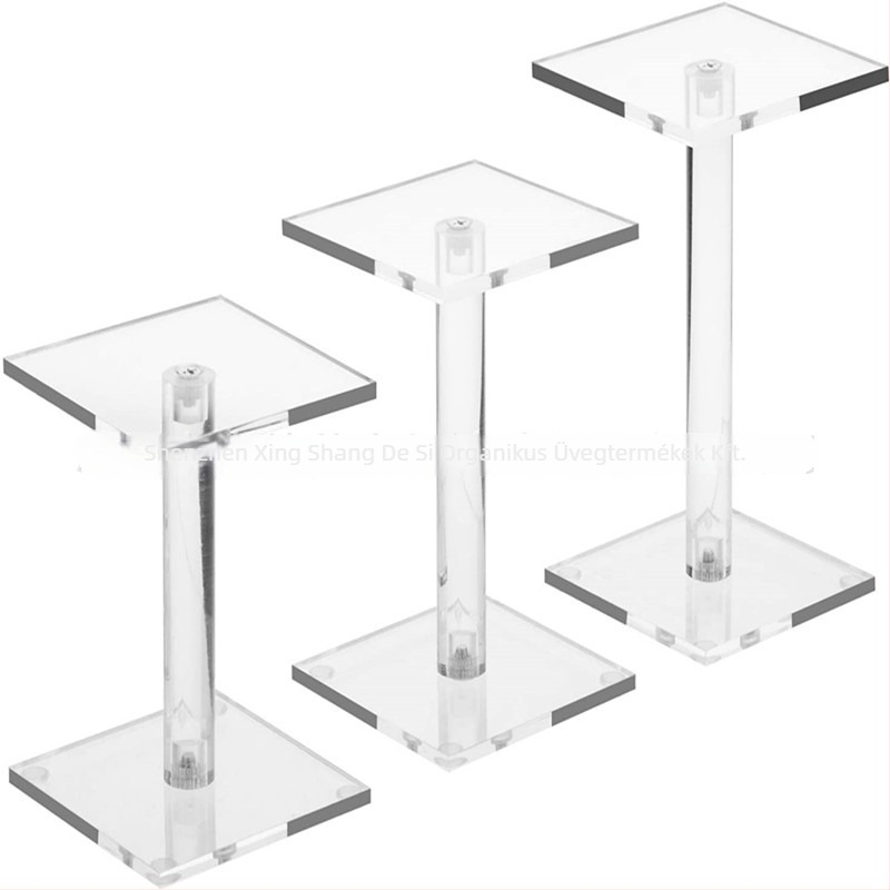 Átlátszó akril ékszerkijelző állvány, négyszögletes kialakítás, három darabos készlet, ékszerek és kiegészítők kiállítására, nőies stílus