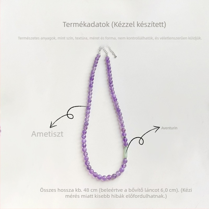 Ametiszt kristályos nyaklánc, kézzel készített, geometriai dizájn, szabályos lánc