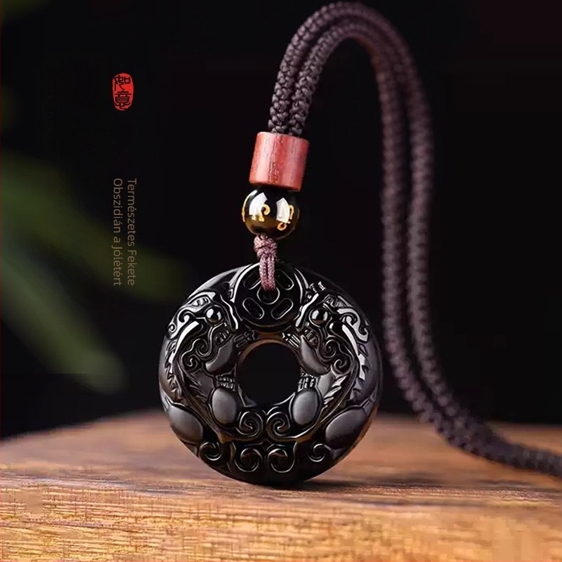 Obszidián medálos nyaklánc, polírozott felület, kínai stílus (irodalmi retro), Aolan Jewelry, nyár 2025 megjelenés