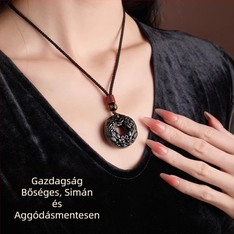 Obszidián medálos nyaklánc, polírozott felület, kínai stílus (irodalmi retro), Aolan Jewelry, nyár 2025 megjelenés
