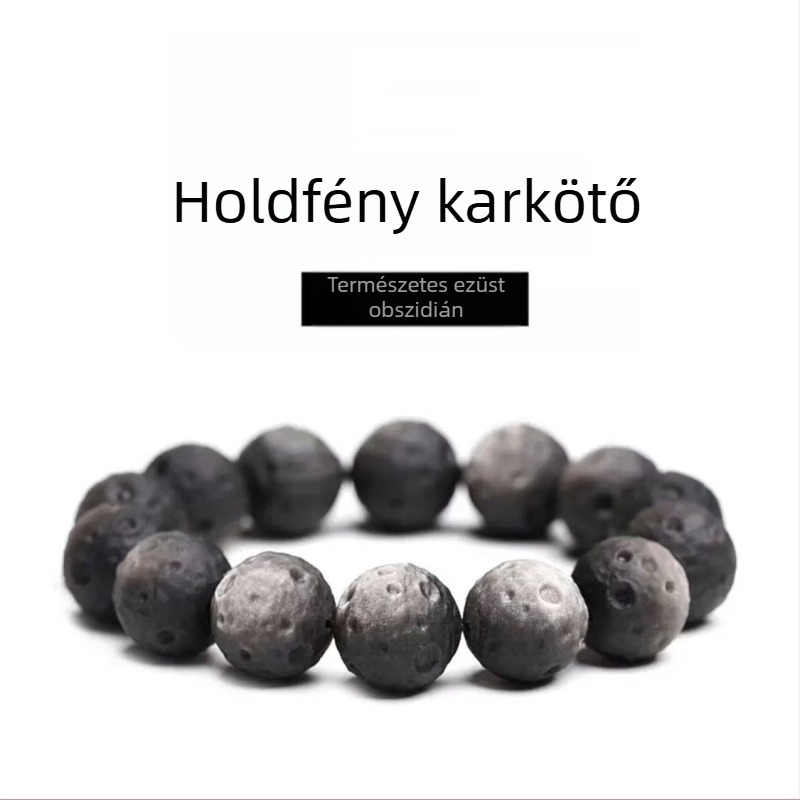 Ezüst obsidián karkötő bolygó- és meteoritmotívumokkal, polírozott felület, uniszex mindennapi stílus, ideális évfordulókra