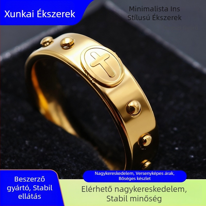 Kereszt szegecselt gyűrű titánacélból, 18K aranyozással, uniszex geometriai stílus