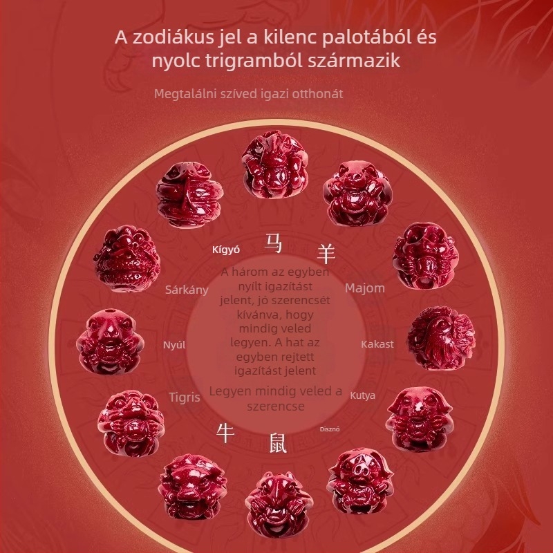 Uniszex cinnabari vörös homok karkötő – tizenkét kínai állatövi jel