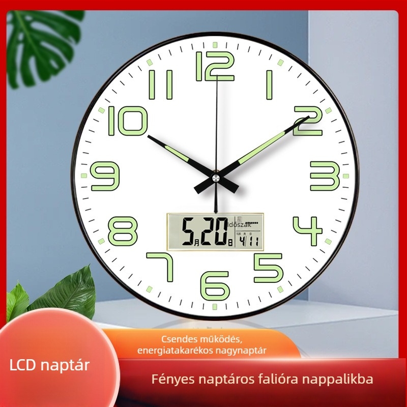 Színes, fénylő falióra naptárral – modern, minimalist design a nappaliba, csendes járású mozgás