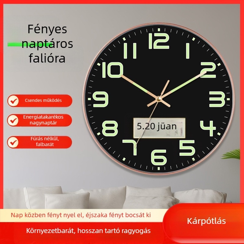 Színes, fénylő falióra naptárral – modern, minimalist design a nappaliba, csendes járású mozgás
