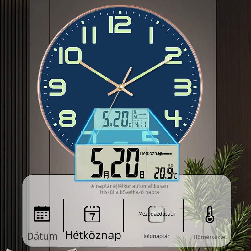 Színes, fénylő falióra naptárral – modern, minimalist design a nappaliba, csendes járású mozgás