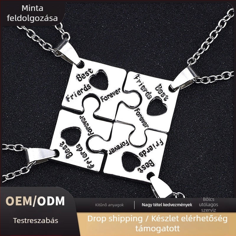 Nyaklánc: geometriai puzzle négy darabos készlet barátnőknek, rhinestone medállal, cinkötvözet, elektroplakolás, normál lánc, unisex