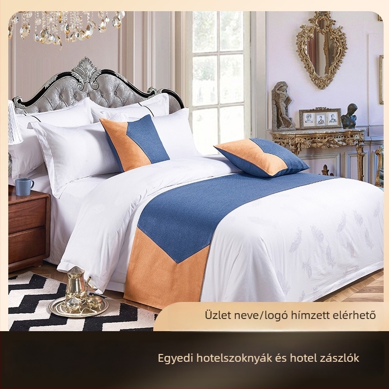 Hotel ágytakaró futó hímzett logóval, világos luxus stílus, testreszabható, logónyomtatás, egyszínű mintázat