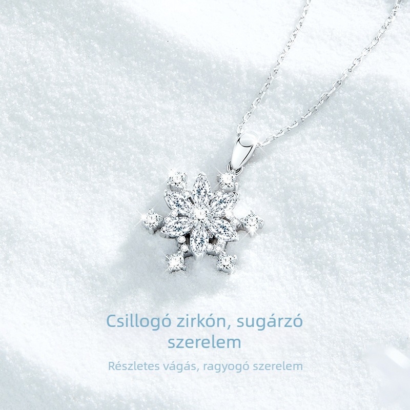 S925 ezüst nyaklánc forgó hópehely medállal, cirkóniával díszített, keresztlánc, hossz 41–50 cm, 2,8 g, női divatékszer