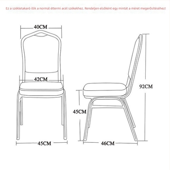 Székfedő – Vastagodott elasztikus Oxford anyag; szállodai székekhez, bankettekhez és esküvőkhöz; univerzális éttermek és étkezőszékek számára. Anyag: 95% poliészter + 5% spandex; Kategória: Székfedő; Stílus: Szállodai; Doboz: 80 darab/doboz
