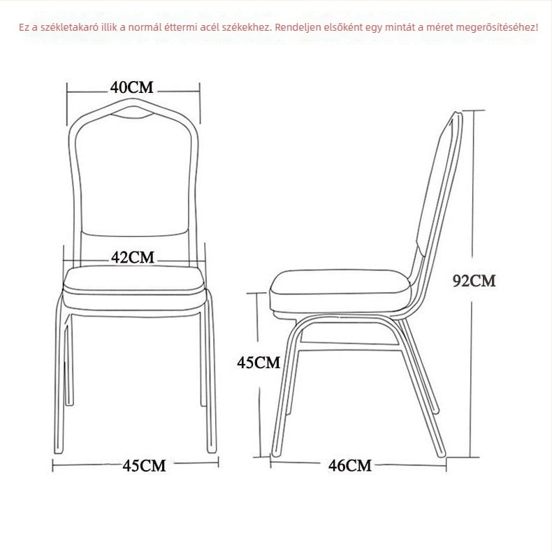 Székfedő – Vastagodott elasztikus Oxford anyag; szállodai székekhez, bankettekhez és esküvőkhöz; univerzális éttermek és étkezőszékek számára. Anyag: 95% poliészter + 5% spandex; Kategória: Székfedő; Stílus: Szállodai; Doboz: 80 darab/doboz