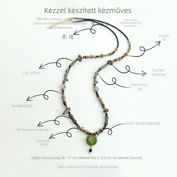 Nyaklánc: tigrisszem kő, üvegkristály és természetes kövek; medál: utánzat cseh üveg; formája virágos és geometriai minták; lánc hossza 71–80 cm; kézzel készített.