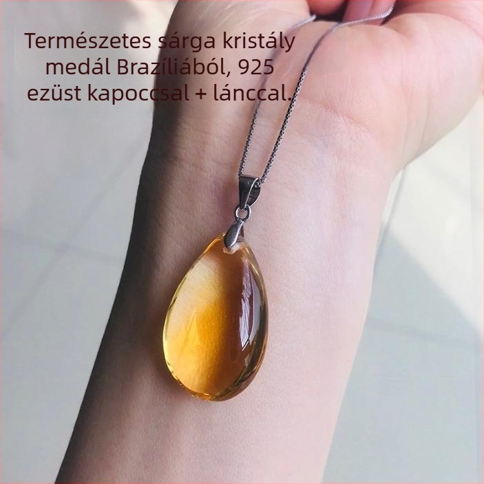 Természetes sárga kristályból készült vízcsepp medál, férfiaknak és nőknek, ezüst lánccal
