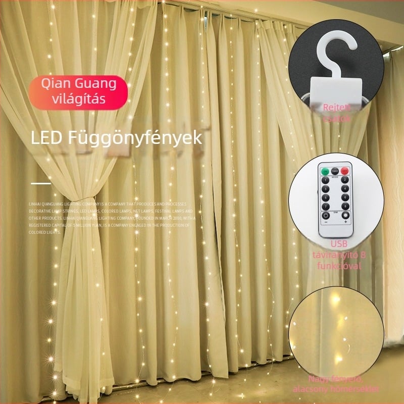 Függönylámpa rézdrótból, távirányítóval, 200 lm, 5V, IP65, fényerő-szabályozható — QG300 modell