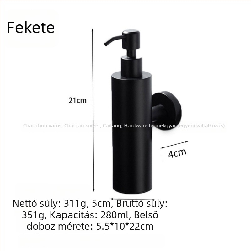Rozsdamentes acél szappanadagoló, falra szerelhető, kézi nyomásos működés, 304 rozsdamentes acél, fekete szálcsiszolt felület, modern minimalista dizájn
