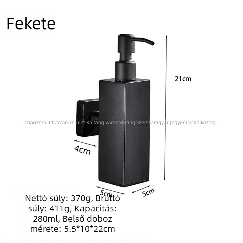 Rozsdamentes acél szappanadagoló, falra szerelhető, kézi nyomásos működés, 304 rozsdamentes acél, fekete szálcsiszolt felület, modern minimalista dizájn
