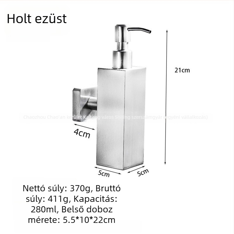 Rozsdamentes acél szappanadagoló, falra szerelhető, kézi nyomásos működés, 304 rozsdamentes acél, fekete szálcsiszolt felület, modern minimalista dizájn