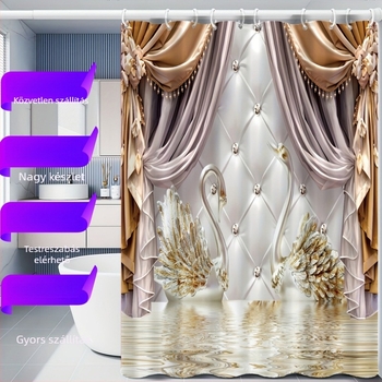 Hattyú mintás zuhanyfüggöny négyzetes készlet – poliészter, modern minimalista stílus, testre szabható rajz alapján, logó nyomtatás választható