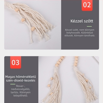 Kézzel szőtt pamutszálas függönyöv fa gyöngyökkel és bojtokkal – dekoratív függönykiegészítő