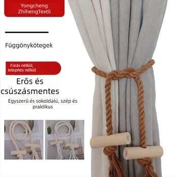 Pamut- és lenanyagú függönykötő fa hordóval, modern minimalista stílus, állítható