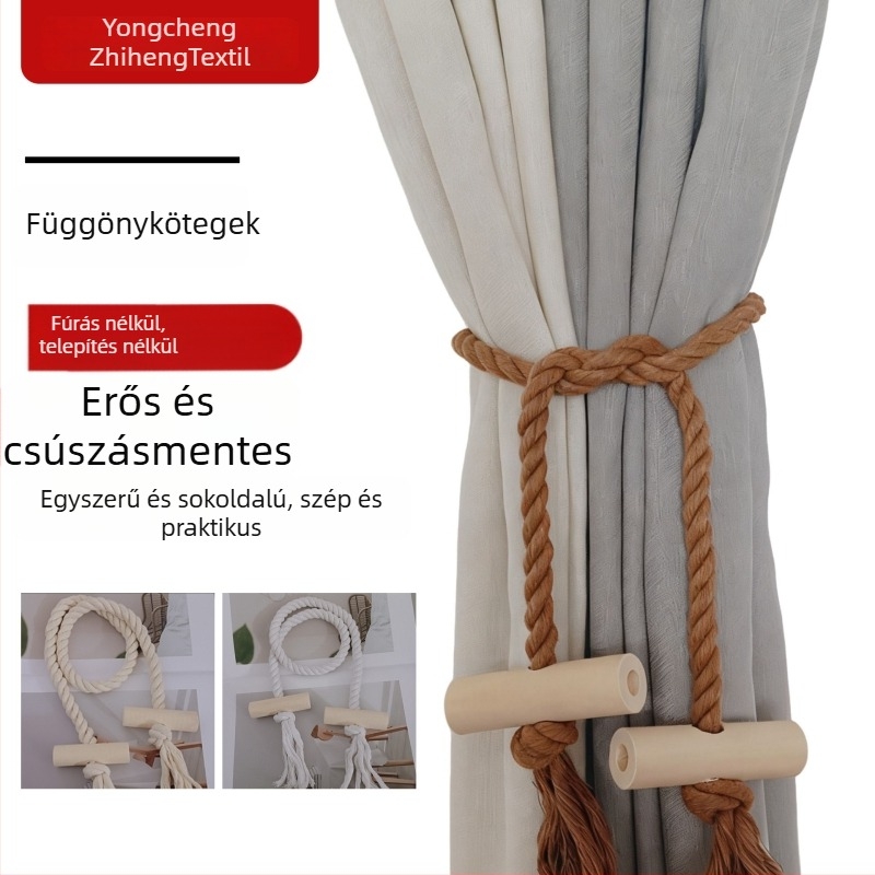 Pamut- és lenanyagú függönykötő fa hordóval, modern minimalista stílus, állítható