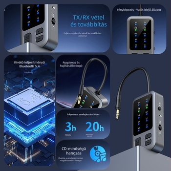 AUX Bluetooth vevő- és adóegység, modell M3, Bluetooth 5.4, AUX interfész, plug-and-play