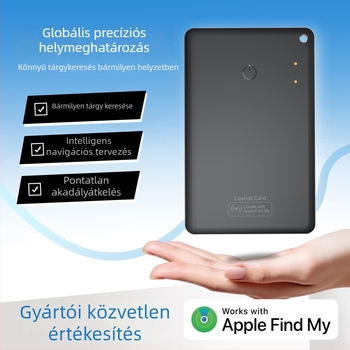 IOS-kártya típusú lokátor mágneses anti-loss funkcióval, a pénztárca és az útlevél számára; globális pontos helymeghatározás, méretek 86×54×2,43 mm, súly 18,2 g