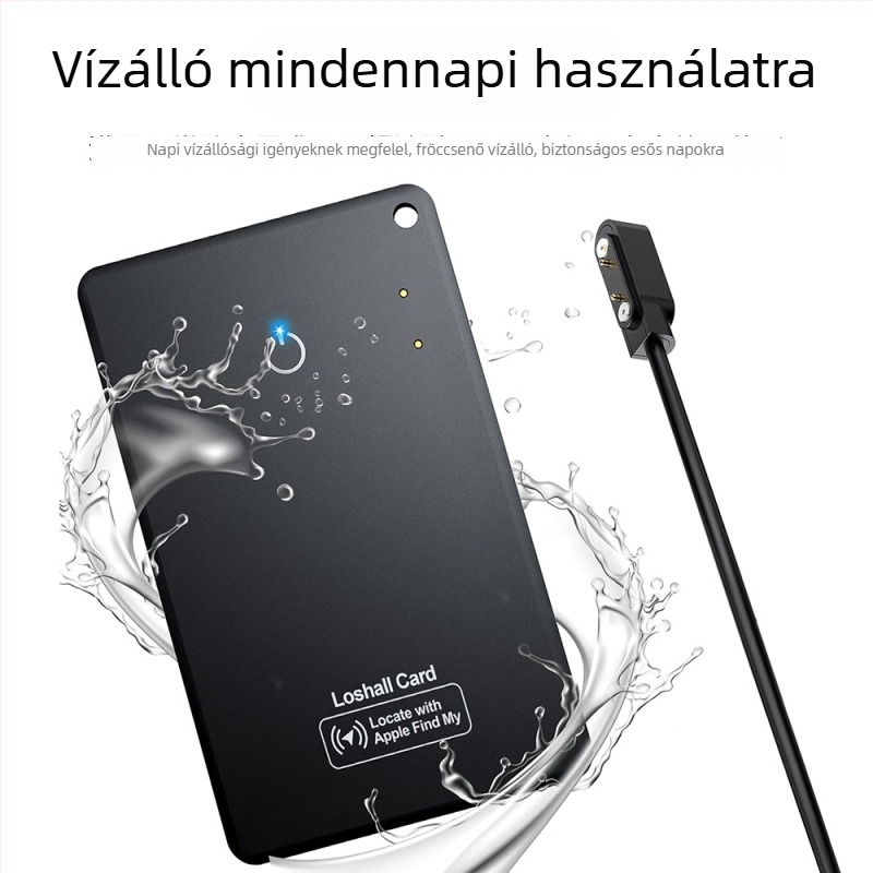 IOS-kártya típusú lokátor mágneses anti-loss funkcióval, a pénztárca és az útlevél számára; globális pontos helymeghatározás, méretek 86×54×2,43 mm, súly 18,2 g